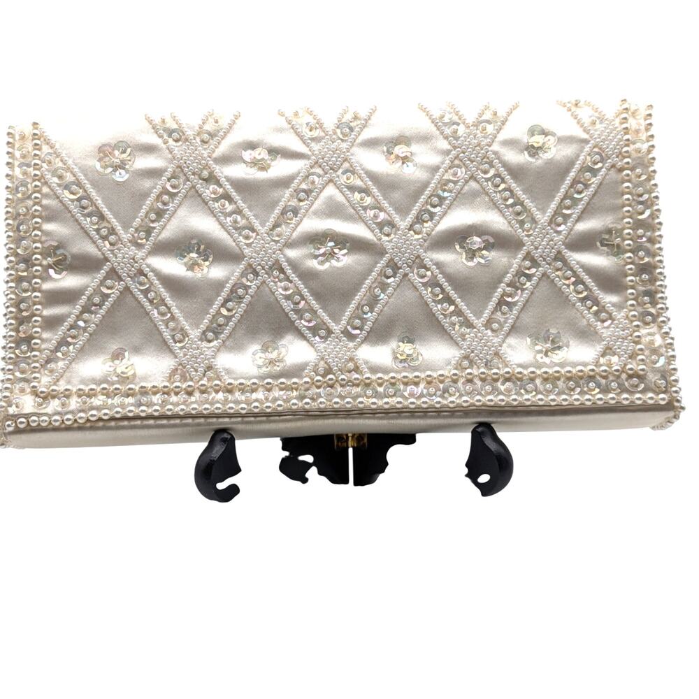 BON SOIR Vintage Beaded Clutch Women Ivory Satin Italian Beads Japan READ